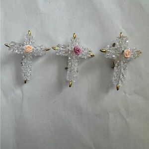 3 Handmade Crystal Cross with Rose Accent Brooches